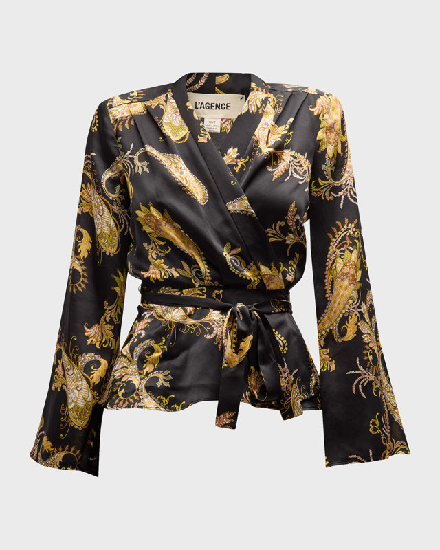 Olive Paisley-Printed Silk Wrap Blous